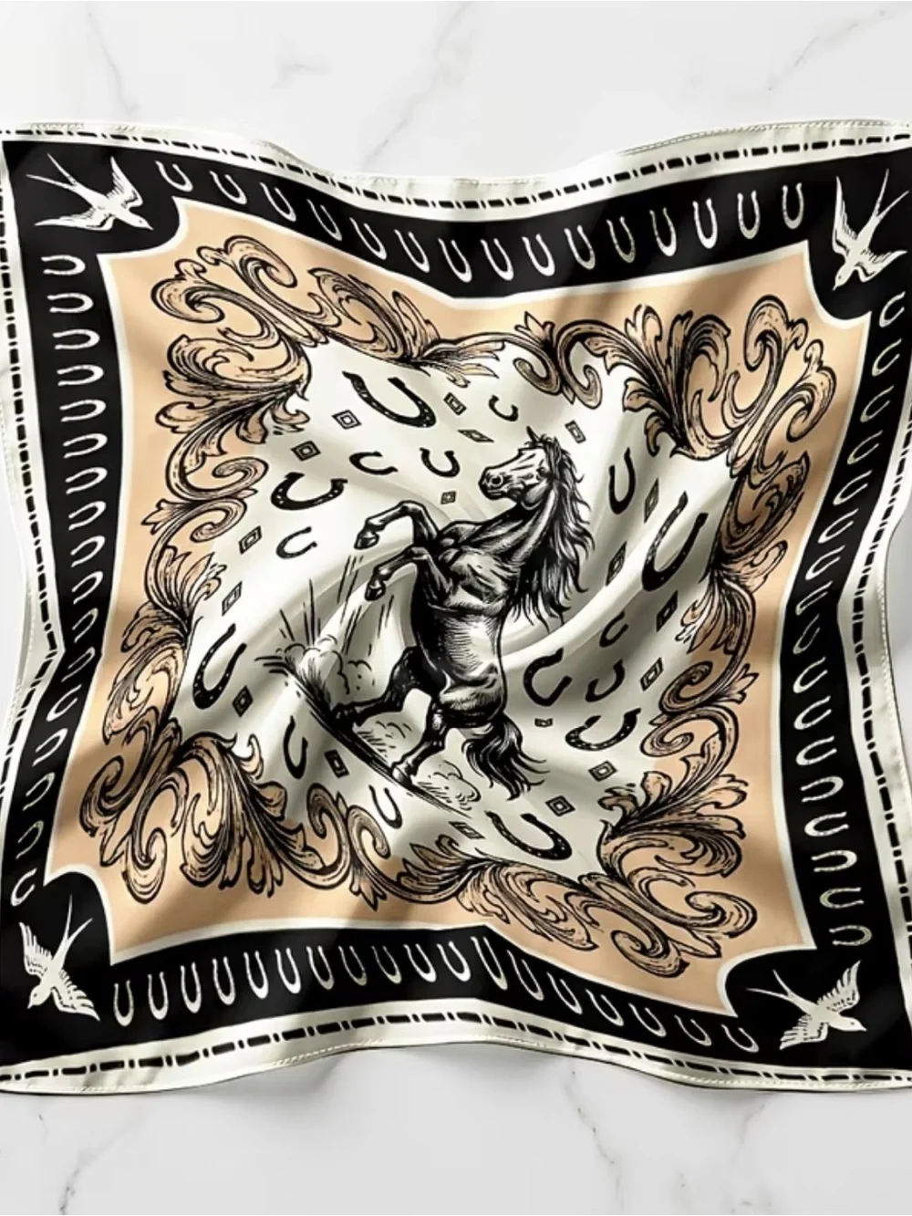 Horse Motif Scarf in Cream, Black & Gold